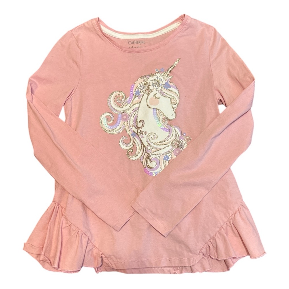 Girls Pink Cotton Long Sleeve Tee with Ruffles and Unicorn Graphic